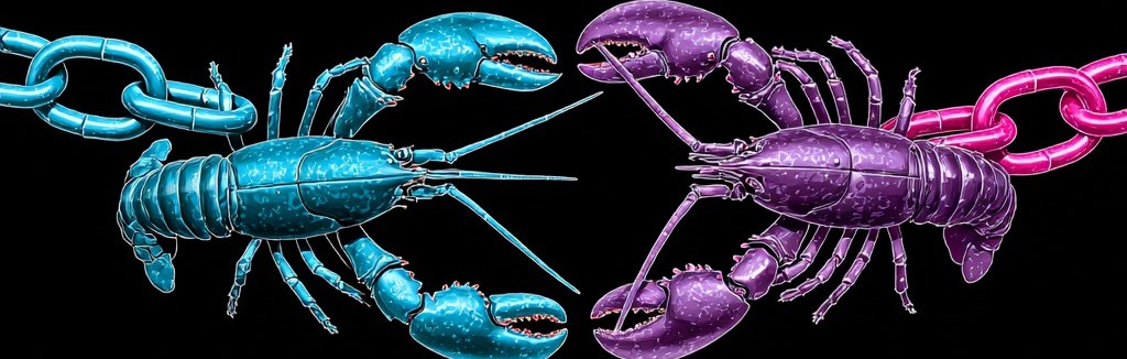 Two agents bound together — cyan vs purple lobsters chained face-to-face